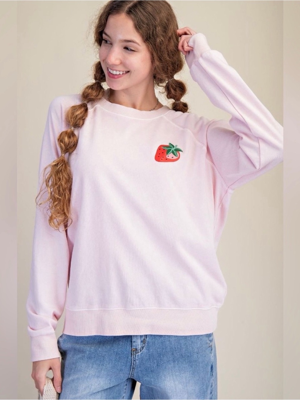 Easel Cotton Pink Strawberry Print Washed Terry Pullover